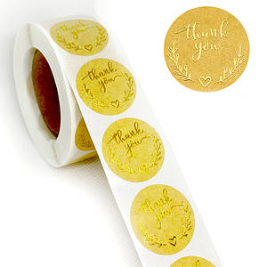 Наклейки на Бобіні з фольгуванням "Thank you" / 1 дизайн / 500 шт в рулоні / Ø - 2,5 см