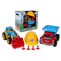 Подарочный набор Строитель грузовик грейдер каска, Іграшка Малюк-Будівельник 2 Технок 3985