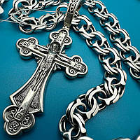 Комплект массивный серебрянный православный крест и цепь плетения бисмарк 925 проба