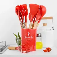 Силиконовый кухонный набор принадлежностей с ведерком 12 предметов Kitchen Set (дерево+силикон)Набор поварешек