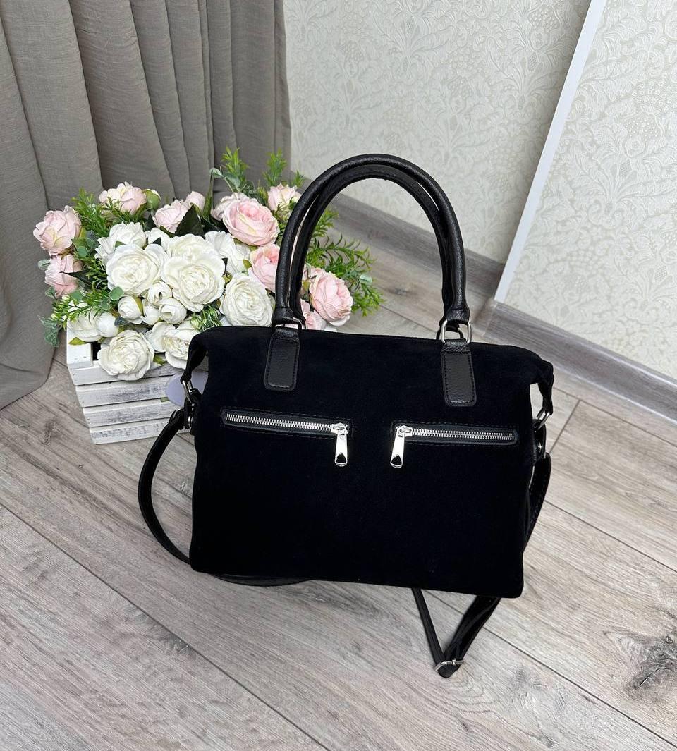 Стильна жіноча сумка міська модна класична чорна натуральна замша+шкірзам