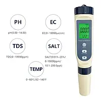 Улучшенный комбинированный прибор 5 в 1 EZ9909 с подсветкой (pH, EC, TDS, Salinity, Temp)