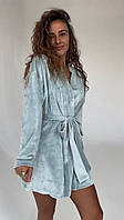 Женский мягкий комфортный велюровый короткий халат с поясом (черный, пудровый, серо-фисташковый) размер: 42-46 Серо-фисташковый