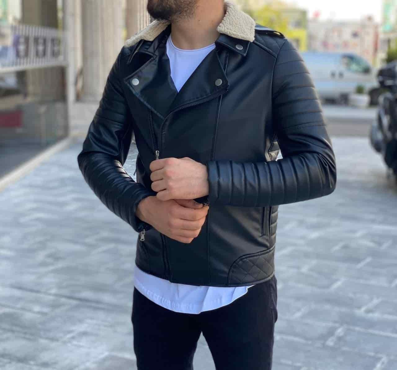 Чоловіча чорна шкіряна куртка косуха з хутряним коміром, Туреччина