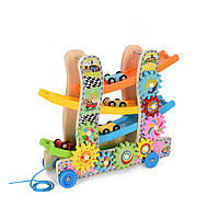Дерев'яна іграшка "Трек" каталка, машинки 4 см 3 шт., шестерні 26х30,5х11 см Bambi Різнобарвний