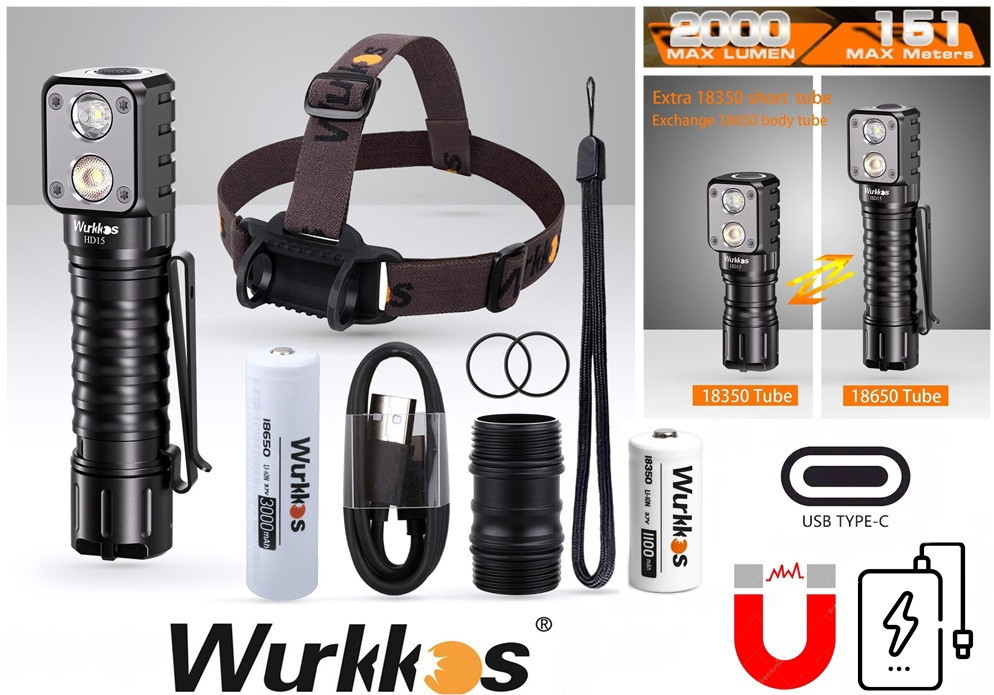 Налобний ліхтар WURKKOS HD15 + ДВА АККУМУЛЯТОРА 18650+18350 (2000LM 5000k NW USB-C 2A Магніт Power Bank)