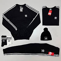 Мужской зимний спортивный костюм Adidas черный Адидас + Футболка + Шапка (N)