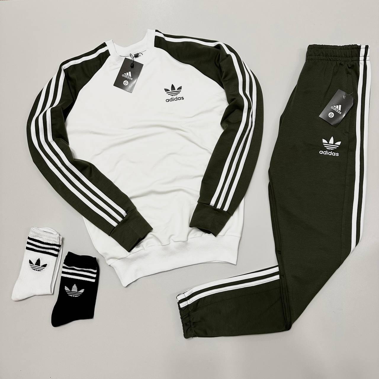 Чоловічий спортивний костюм Adidas білий із чорним без капюшона весняний  ⁇  Комплект Адідас світшот та штани (N)