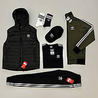 Мужской спортивный костюм Adidas набор 8в1 в полоску хаки с черным Комплект Адидас весесенний осенний (N)