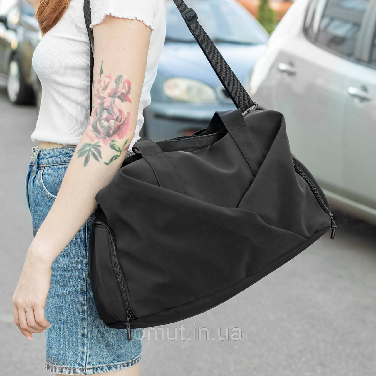 Міська сумка спортивна жіноча та чоловіча для тренувань та подорожей чорна тканинна дорожня, фото 1