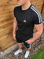 Мужская футболка Adidas черная с полосами спортивная Адидас с лампасами (N)