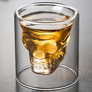 Склянка для віскі 70мл Череп, з подвійними стінками / Скляна 3D чарка для алкогольних напоїв / Чарка-череп