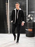 Стильный мужской костюм оверсайз вельветовый, теплый комплект куртка на меху и штаны микровельвет черный