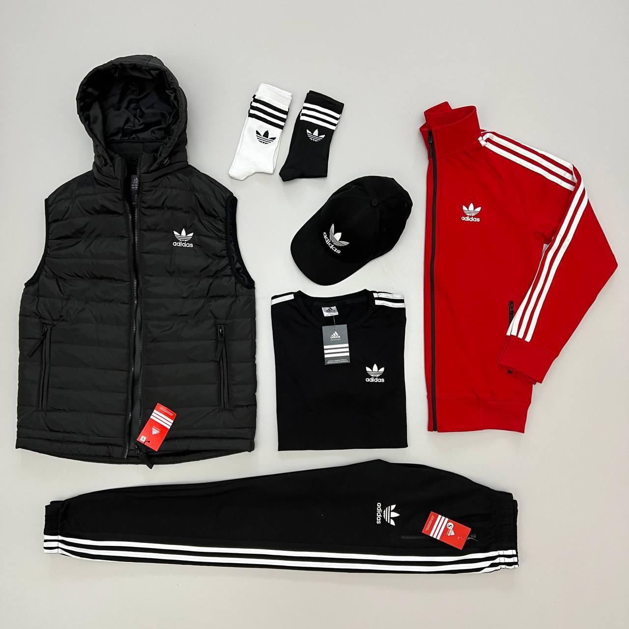 Чоловічий зимовий спортивний костюм Adidas чорний з червоним Комплект Адідас 6в1 Костюм + Жилетка + Футболка + Кепка (N)