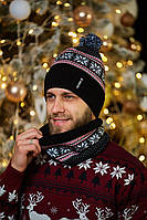 Комплект Шапка + Баф новогодний черный унисекс теплый до -25*С с новогодним принтом (N)