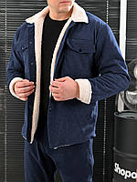 Мужская вельветовая куртка-рубашка оверсайз на меху утепленная, пиджак на овчине вельвет синий
