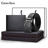 Набір чоловічий шкіряний ремінь автомат і гаманець-шум. Чоловічий подарунковий набір у коробці (чорний), фото 3