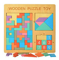 Головоломка деревянная Wooden Puzzle Toy 3в1 настольная развивающая игра танграм пазл тетрис пятнашки
