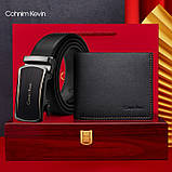 Набір чоловічий шкіряний ремінь автомат і гаманець-шум. Чоловічий подарунковий набір у коробці (чорний), фото 2