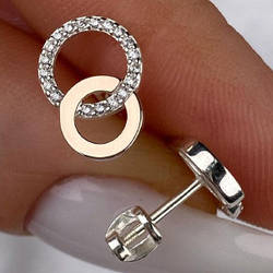 Срібні сережки-пусети з золотими накладками з фіанітами (1,3 см) РН-598