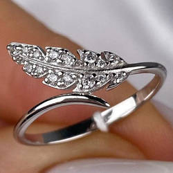 Срібне кільце родоване з фіанітами в формі пір'їнки РН-440