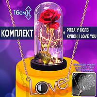 Роза в колбе с LED подсветкой Rose of Love 16см, яркая красная, цветок-ночник Red + Кулон I Love You PLC