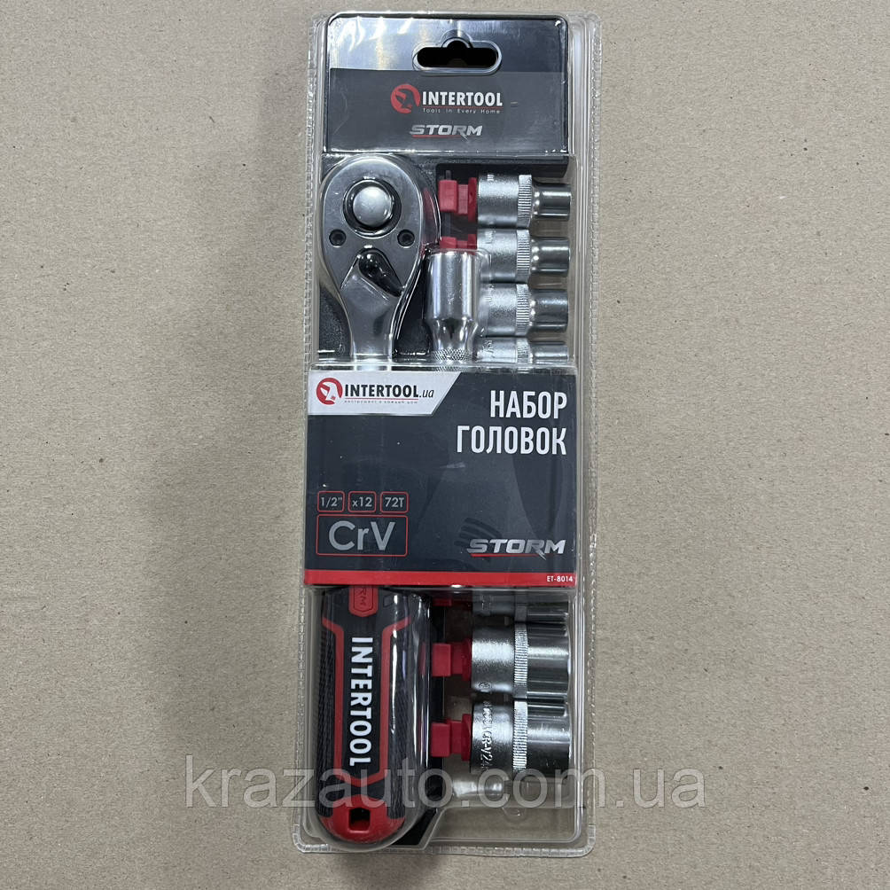 Набір головок 1/2" 10-24 мм, подовжувач, ручка з храповим механізмом 72 зуби, 12 од., Cr-V STORM INTERTOOL, фото 1