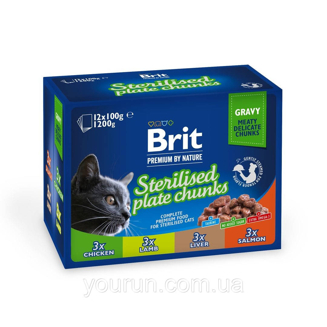 Brit Premium(Брит Преміум)Вологий корм сімейна тарілка для стерилізованих кішок,асорти 4 смаку,100 г х 12 шт, фото 1