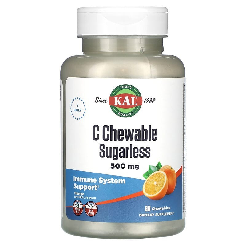 Вітамін С KAL "C Chewable Sugarless" зі смаком апельсина, 500 мг (60 жувальних таблеток), фото 1