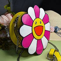 Кругла жіноча сумка клатч Ромашка "Smile Flower" наплічна зі шкірозамінника з ланцюжком Рожева