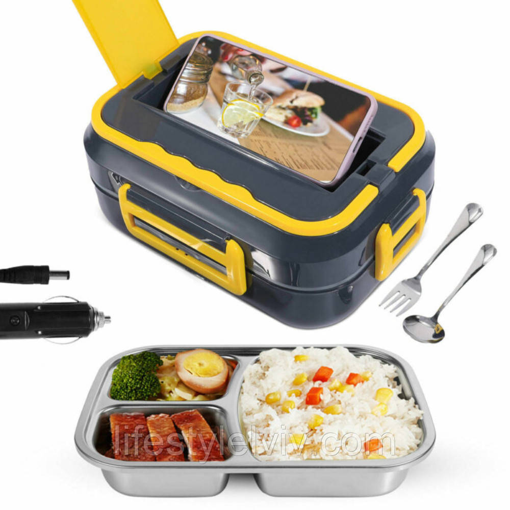 Ланч-бокс з підігрівом на 1л W20 + прилади, зарядка від прикурювача / Контейнер для їжі на 3 відділення, фото 1