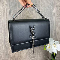 Стильна жіноча міні сумочка клатч YSL з ланцюжком маленька сумка з віночком брелоком чорна люкс якість Denwer P