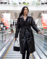 Женское зимнее стеганое пальто под пояс с мехом Мичиган нави черное