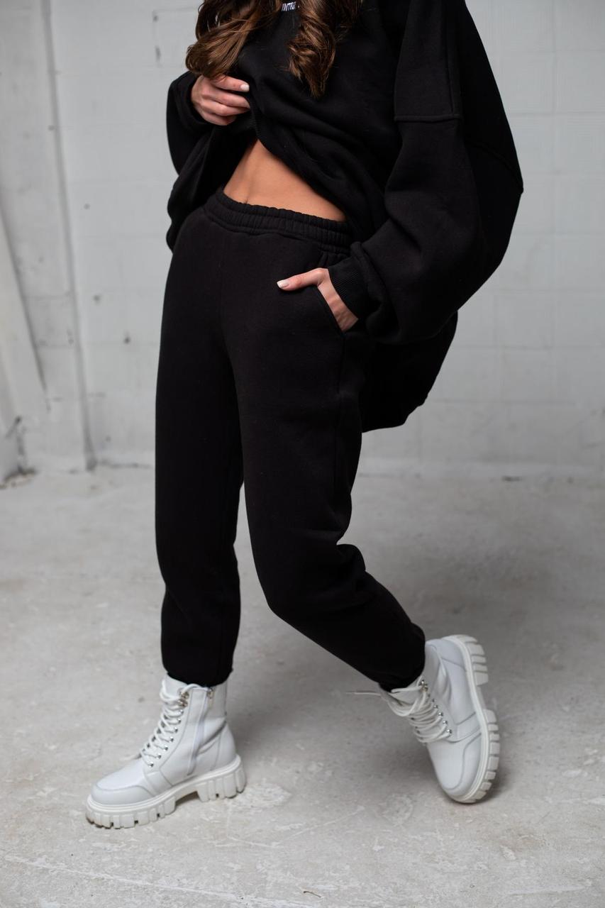 Жіночі зимові спортивні штани оверсайз чорні | Штани Джогери утеплені з начосом (N)