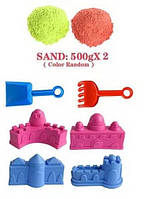 Кинетический песок (2 цвета по 500г, лопатка, грабли, формы, в пакете) 3386 B 10