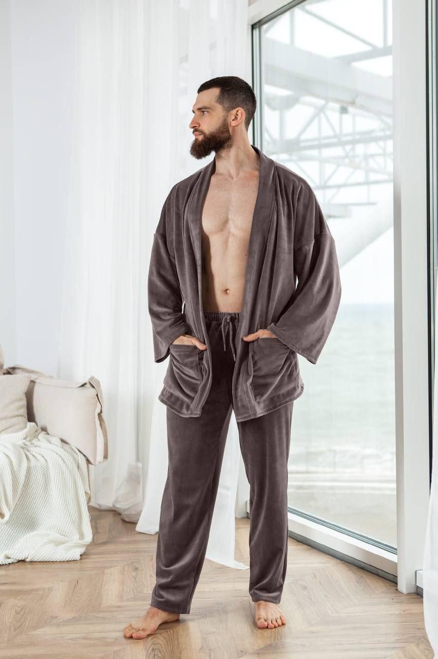 Мужская пижама для сна пижамный домашний костюм для мужчин ткань королевский велюр на плюше норма и батал, фото 1