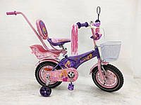 Детский двухколесный велосипед 12д для девочки Racer с доп.колесами, родительской ручкой, сидением для куклы