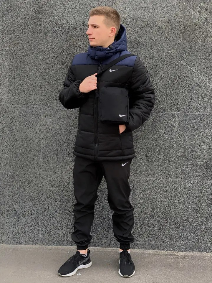 Чоловіча зимова куртка Nike + штани + барсетка в подарунок чорна | Чоловічий спортивний костюм зимовий Найк (N)