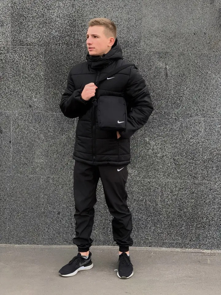 Чоловіча зимова куртка Nike + штани + барсетка в подарунок чорна | Чоловічий спортивний костюм зимовий Найк (N)