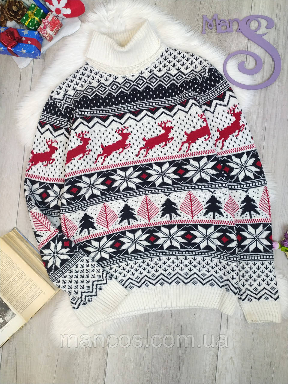Жіночий светр новорічний Tricko з оленями з високим коміром білий Розмір М