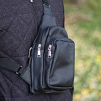 Стильная мужская сумка - бананка, слинг нагрудная из натуральной кожи на молнии чёрная DM-11