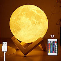 Світильник нічник "Місяць 3D" на акумуляторі + пульт, USB, 15см, 16 кольорів, IP44