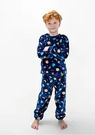 Пижама на мальчика теплая на рост 134-140 см на 8-9 лет махра велсофт синяя с принтом Космос 3324
