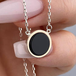 Срібне кольє з золотими накладками з кулоном з чорним каменем (1,2 см) РН-608