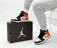 Чоловічі і жіночі кросівки Nike Air Jordan 1 White Black Orange Найк Аір Джордан 1 високі шкіряні чорні демісезон унісекс, фото 3