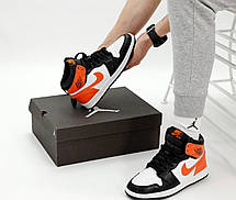 Чоловічі і жіночі кросівки Nike Air Jordan 1 White Black Orange Найк Аір Джордан 1 високі шкіряні чорні демісезон унісекс, фото 6