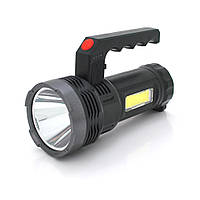 Фонарь поисковый USHL-828, 1LED T6+COB, 3W, 3+1 режима, 1200mah, Black, IP40, USB кабель+Solar, 150х60х90мм,