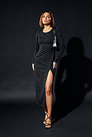 Нарядное черное вечернее платье длины миди с разрезом по ноге, спинка на шнуровке 40, 42, 44, 46