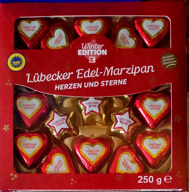 Цукерки марципан шоколадні серця та зірочки Herzen und Sterne Lubecker Edel Marzipan 250 р. Німеччина