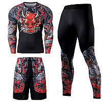 Чоловічий компресійний одяг японські демони 3в1: Рашгард для бігу/мма/активних видів спорту
